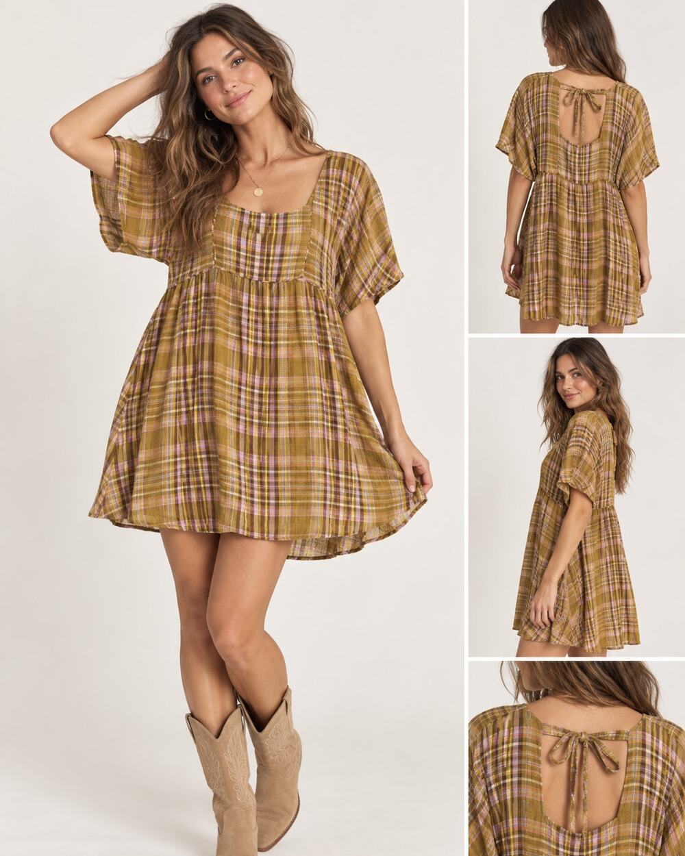 Anthropologie Yellow Pink Plaid Mini Dress Womens L Babydoll Boho Tie Back